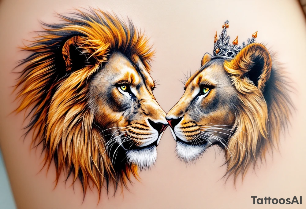 A lion with a golden mane facing a lioness with a silver crown, their eyes inked in piercing green and amber. tattoo idea
