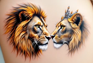 A lion with a golden mane facing a lioness with a silver crown, their eyes inked in piercing green and amber. tattoo idea