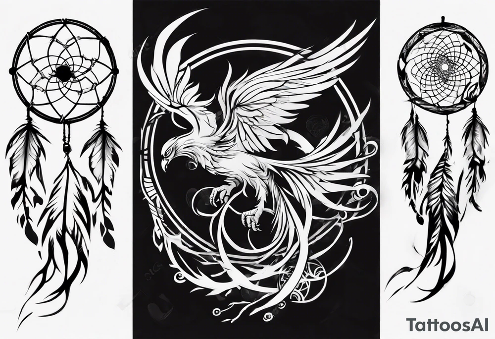 Fire Phoenix flying out of dream catcher tattoo idea