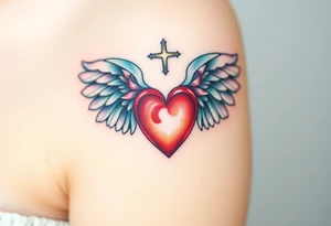 dainty catholic sacred heart with angel wings tattoo idea