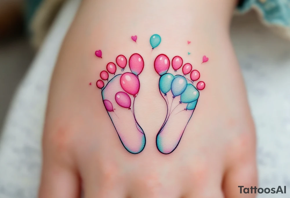 Soft pink and mint footprints of Benedikt, encircled by small balloons to symbolize the joy he brings to everyone around him. tattoo idea