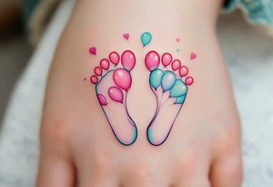 Soft pink and mint footprints of Benedikt, encircled by small balloons to symbolize the joy he brings to everyone around him. tattoo idea