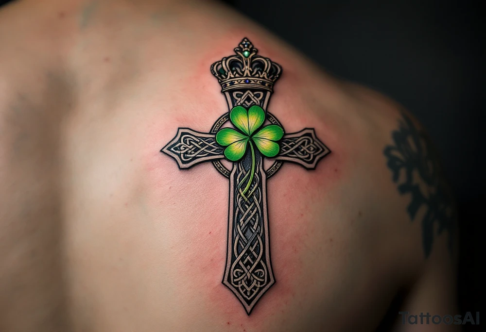 Masculine Celtic cross tattoo featuring intricate knotwork patterns along the arms and base of the cross. At the heart of the cross, place a vibrant four-leaf clover, its leaves shaded with subtle gradients of green, symbolizing luck and unity. Above the cross, incorporate a regal crown adorned with ornate details, such as small gemstones or filigree, to signify authority and strength. Behind the cross add more celtic knots and a celtic tree of life tattoo idea
