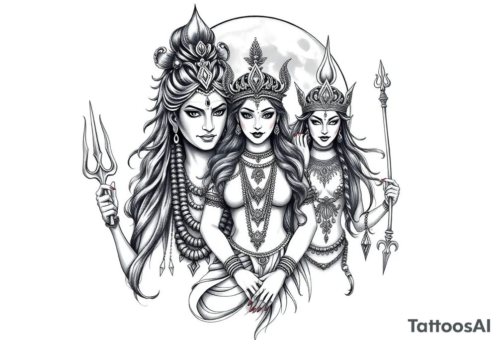 Lord Shiva, Godess Kali, Godess Lilith Together with the moon in the background tattoo idea