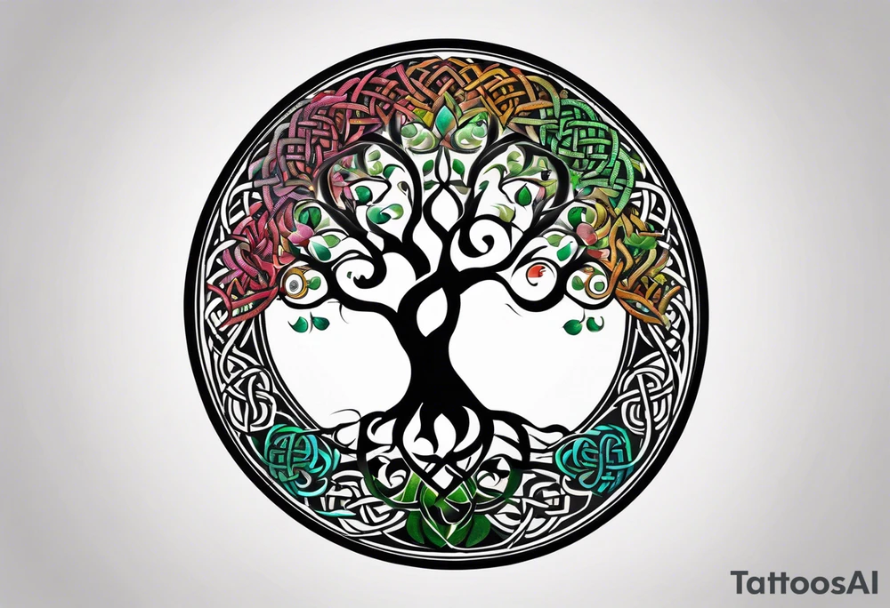 Design a tattoo that combines a Celtic tree of life, with mandala patterns. The leaves of the tree also follow a mandala pattern. The colours of the patterns and tree form an abstract yin-yang. The upper part of the tree has white background and is dark/black and the bottom part has dark background while the tree and patterns are white, making it look like a yin-yang. The two circles of the yin-yang are leaves of the tree and represent lotus flowers. tattoo idea