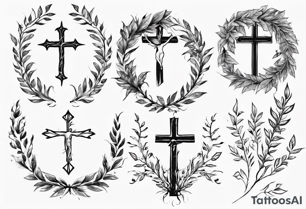 wreath leaves and the cross at the end of the leaves tattoo idea