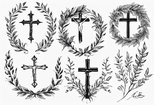 wreath leaves and the cross at the end of the leaves tattoo idea