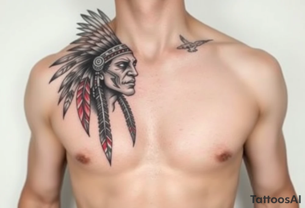 Indian warrior black and red on left chest male tattoo idea