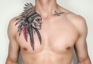 Indian warrior black and red on left chest male tattoo idea