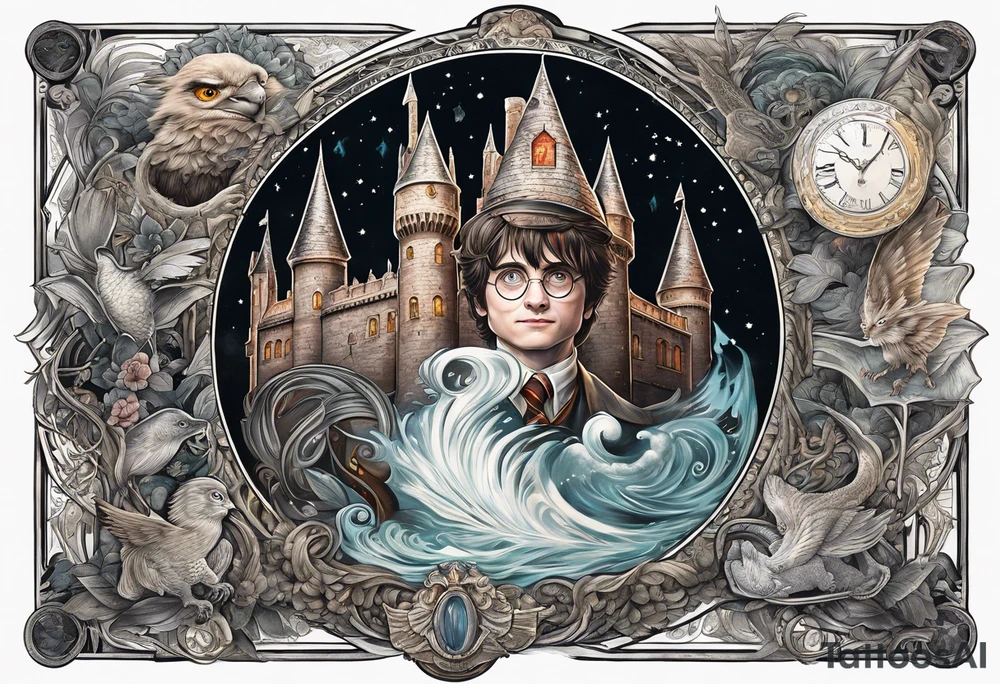 Cohesive sleeve with elements from 1984, Harry Potter, a series of unfortunate events, tattoo idea