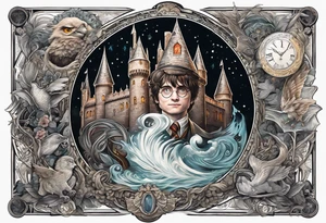 Cohesive sleeve with elements from 1984, Harry Potter, a series of unfortunate events, tattoo idea