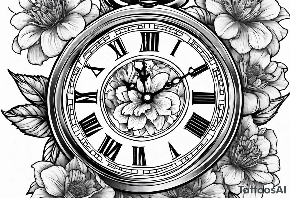 Open Hinged pocket watch surrounded with flowers in remembrance of a deceased friend tattoo idea