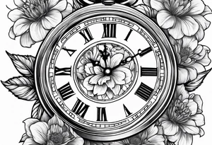 Open Hinged pocket watch surrounded with flowers in remembrance of a deceased friend tattoo idea