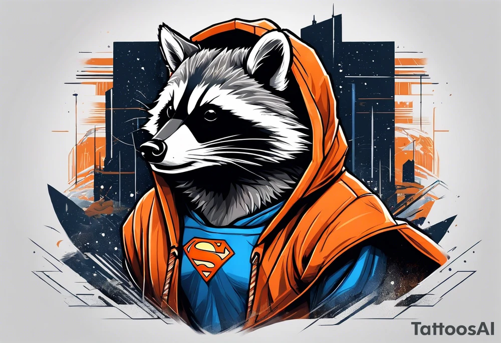 Raccoon wearing an orange Superman hoodie tattoo idea