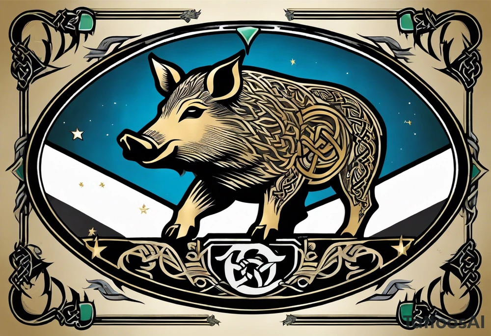 Side profile, Celtic, tribal, wild boar, On a Chatwin family crest with blue background, two gold stars, and a gold Chevron, and a Thistle. With thick black tribal lines. tattoo idea