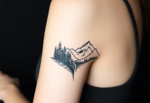 Fractured scene: dark, tangled forest on one side, open mountain range on the other. Split but connected tattoo idea