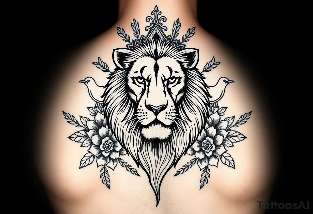powerful majestic lion with a crown, surrounded by floral ornaments and birds tattoo idea