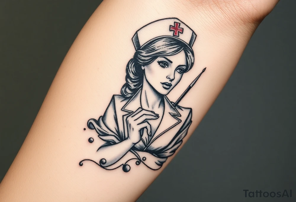 Sleazy nurse with nurse hat and a needle in an elaborate vintage cameo tattoo idea