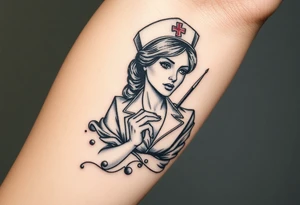 Sleazy nurse with nurse hat and a needle in an elaborate vintage cameo tattoo idea