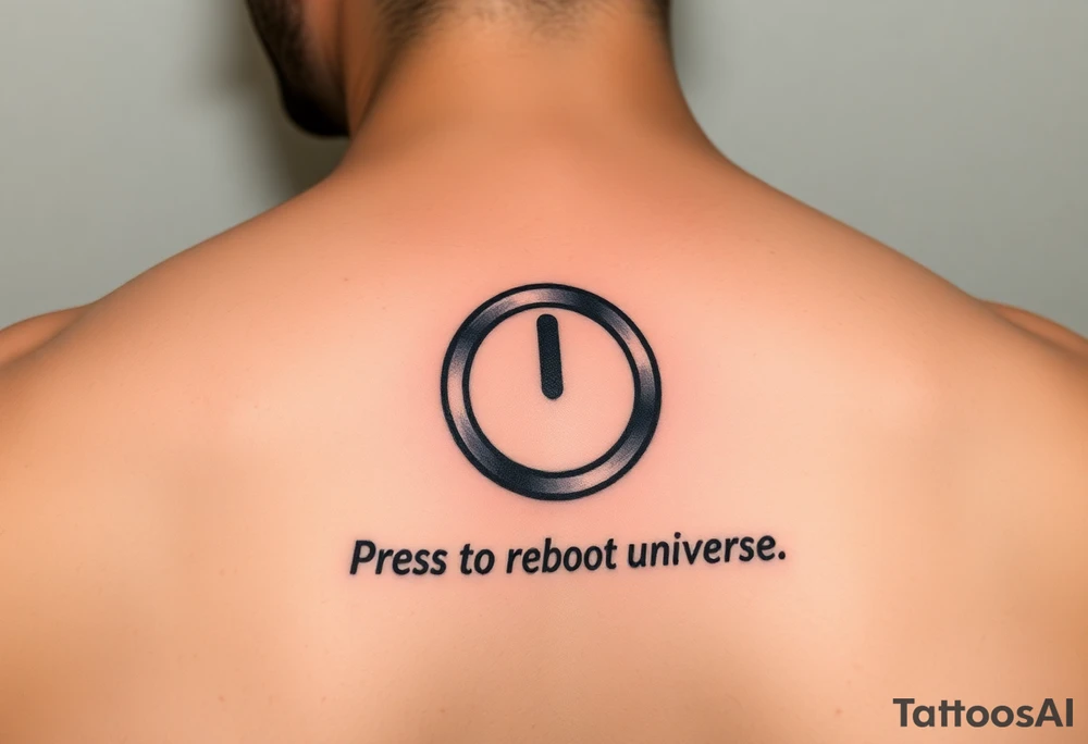 "Hyperrealistic tattoo of a PC power button (1:1 size).  
text: 'Press to reboot universe'.  
Style: Fake 3D, like actual button on skin. Black/red." tattoo idea