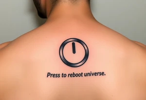 "Hyperrealistic tattoo of a PC power button (1:1 size).  
text: 'Press to reboot universe'.  
Style: Fake 3D, like actual button on skin. Black/red." tattoo idea