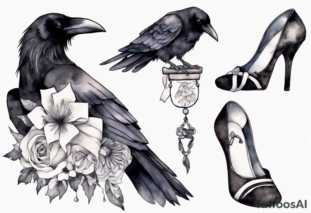 raven wearing a white ribbon around her foot tattoo idea