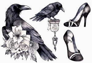 raven wearing a white ribbon around her foot tattoo idea
