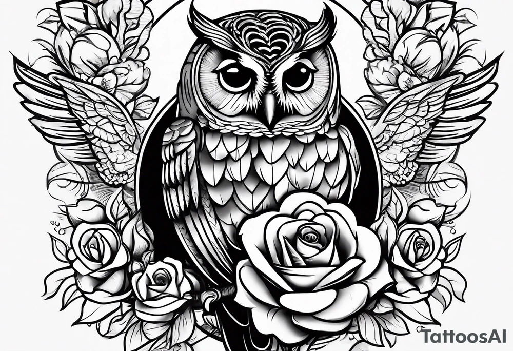 Barred owl and a rose with writing “but the greatest of these is love” tattoo idea