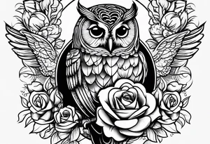 Barred owl and a rose with writing “but the greatest of these is love” tattoo idea