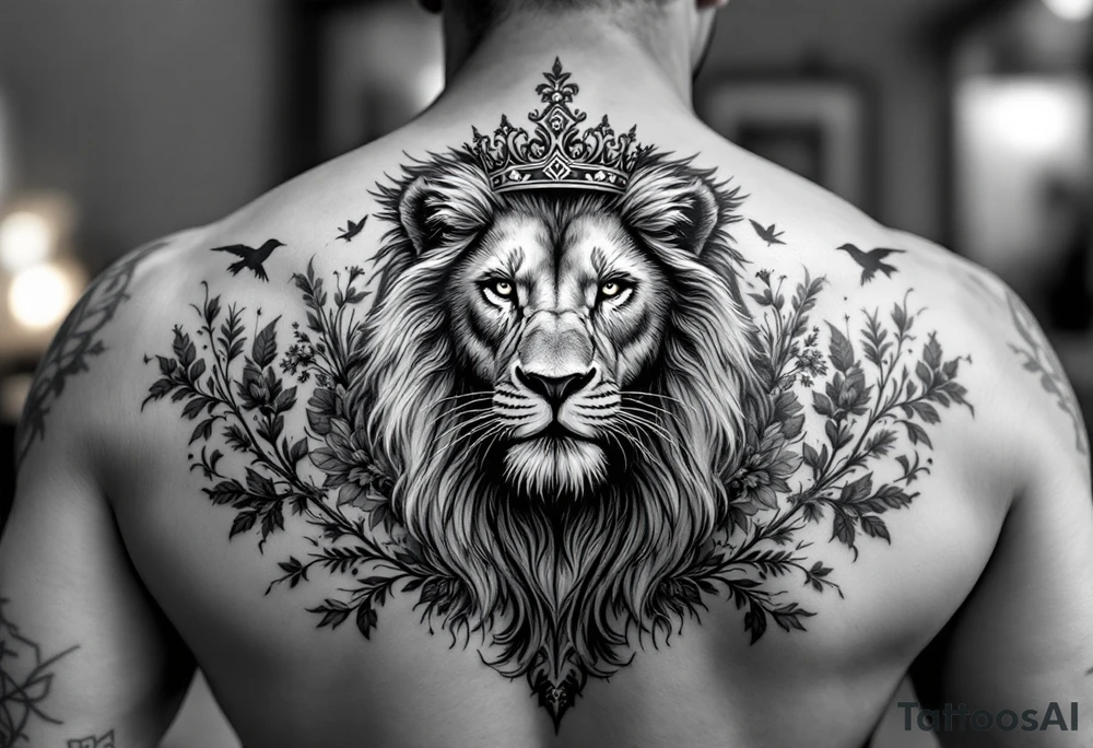 powerful majestic lion with a crown, surrounded by floral ornaments and birds tattoo idea