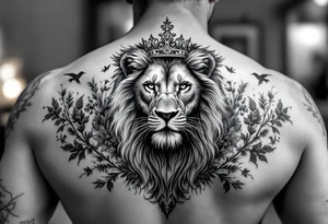 powerful majestic lion with a crown, surrounded by floral ornaments and birds tattoo idea
