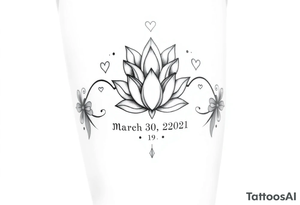 I want a tattoo for my upper thigh, that includes the date, march 30 2021, mom and daughter love that was born at 4:18 am and that includes hearts and the lotus flower and that represents the infinity love of a mother to her baby girl tattoo idea