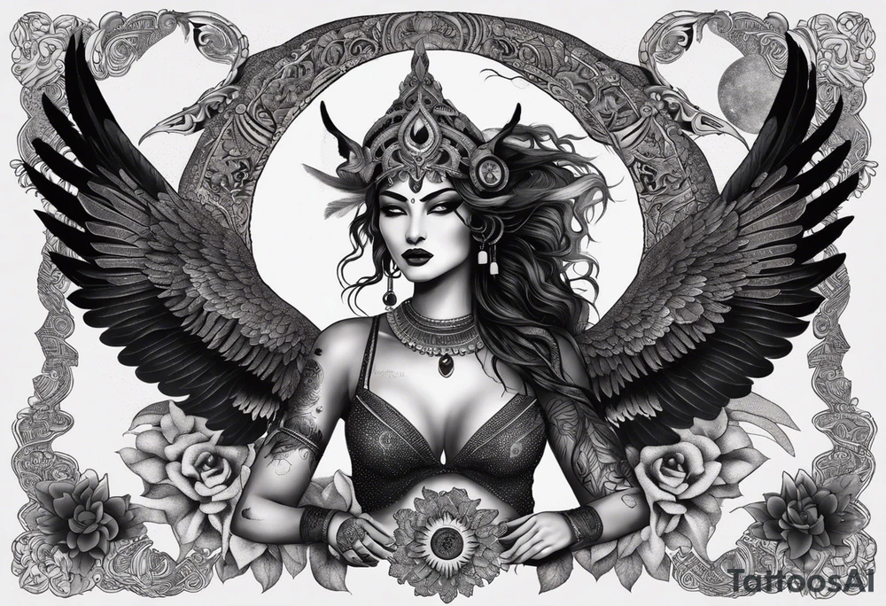 black kali, goddess pirate, alien, angel, pachamama, valkrye, warrior, flying, skull, lotus azul, wing, eagle, zenza resonance, stars, 5D, anahata chakra, death, durga, riding on a tiger, flying lady, kundalini, chest tatoo, samuri, rebel,serpent tattoo idea