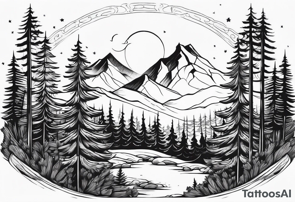 Full back ancient pine Forrest tattoo idea