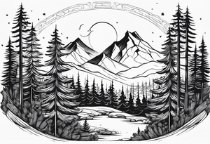 Full back ancient pine Forrest tattoo idea