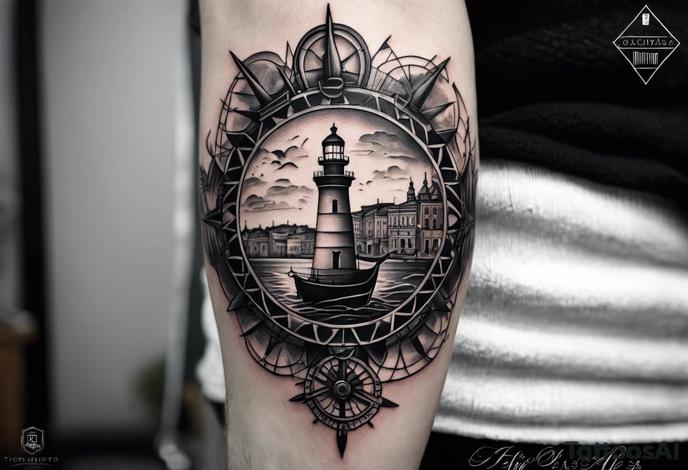 This tattoo depicts the city of Odesa. The main symbols of this city are a ship's wheel, a lighthouse, the Potemkin Stairs, the sea, the Opera House, and the cozy small streets. tattoo idea