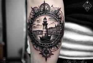 This tattoo depicts the city of Odesa. The main symbols of this city are a ship's wheel, a lighthouse, the Potemkin Stairs, the sea, the Opera House, and the cozy small streets. tattoo idea