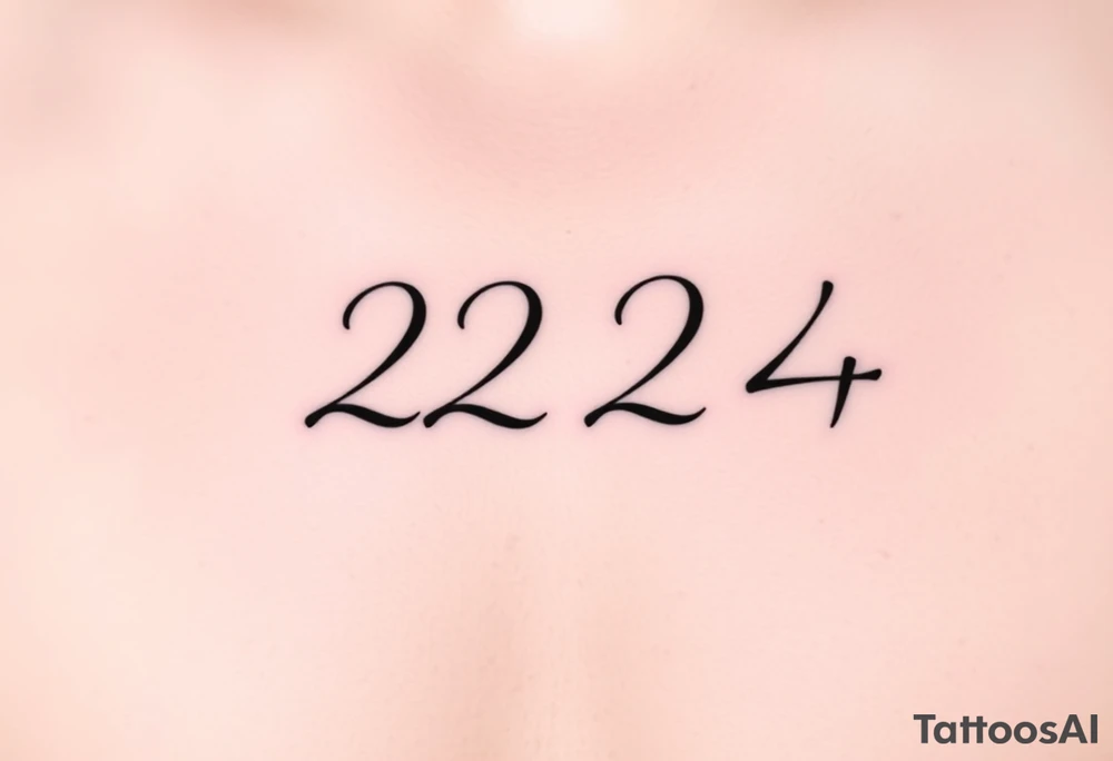 Minimalist black tattoo design of the number "224" in an elegant handwritten calligraphy style. The digits are slightly italicized with a smooth flowing script. Each number has thin-to-medium stroke variation, with soft curves and sharp tapered ends. The lines are clean, refined, and slightly bold at the base, giving a subtle brush-pen effect. The spacing between "2 2 4" is balanced and natural, not too tight. The overall look is simple, modern, and aesthetic, with a premium tattoo feel. Black ink only, no shading, no color, no background, high contrast, centered composition. tattoo idea