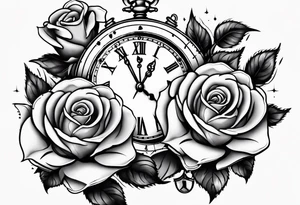 roses with broken chains and a clock in the middle tattoo idea