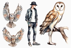 a skinny man with long legs and the head of a barn owl wearing wool leggings and shoes with curled toes tattoo idea