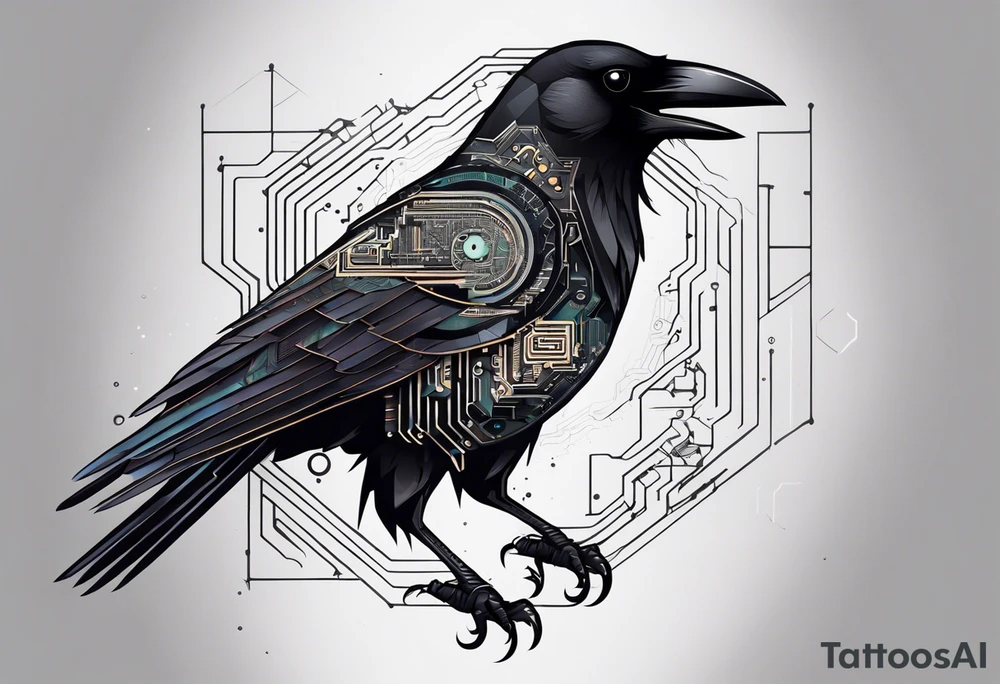 An epic-looking crow sitting on a perch with intricate circuit boards and PCB designs running throughout its feathers. The crow's eye features a tiny CPU fitting perfectly in its pupil. The tattoo will be placed on the outer bicep, primarily in black ink with a small splash of color to make certain elements pop. tattoo idea