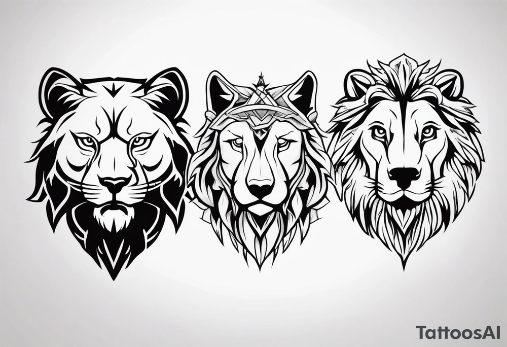 Tattoo of a Lions head, a Wolfs head, and an Eagles head tattoo idea