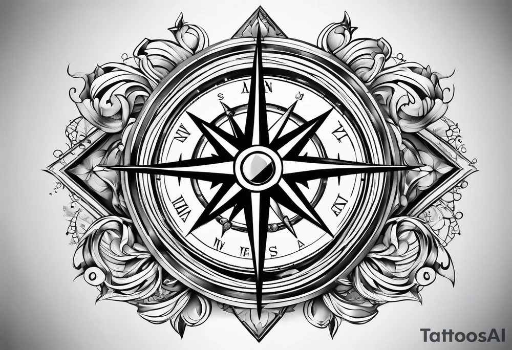 compass surrounded by stars and waves tattoo idea
