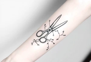 shears running down 3/4 length of the forearm, with a blowdryer. comb. hair color color brush.  groups of bobby pins and vines woven throughout tattoo idea