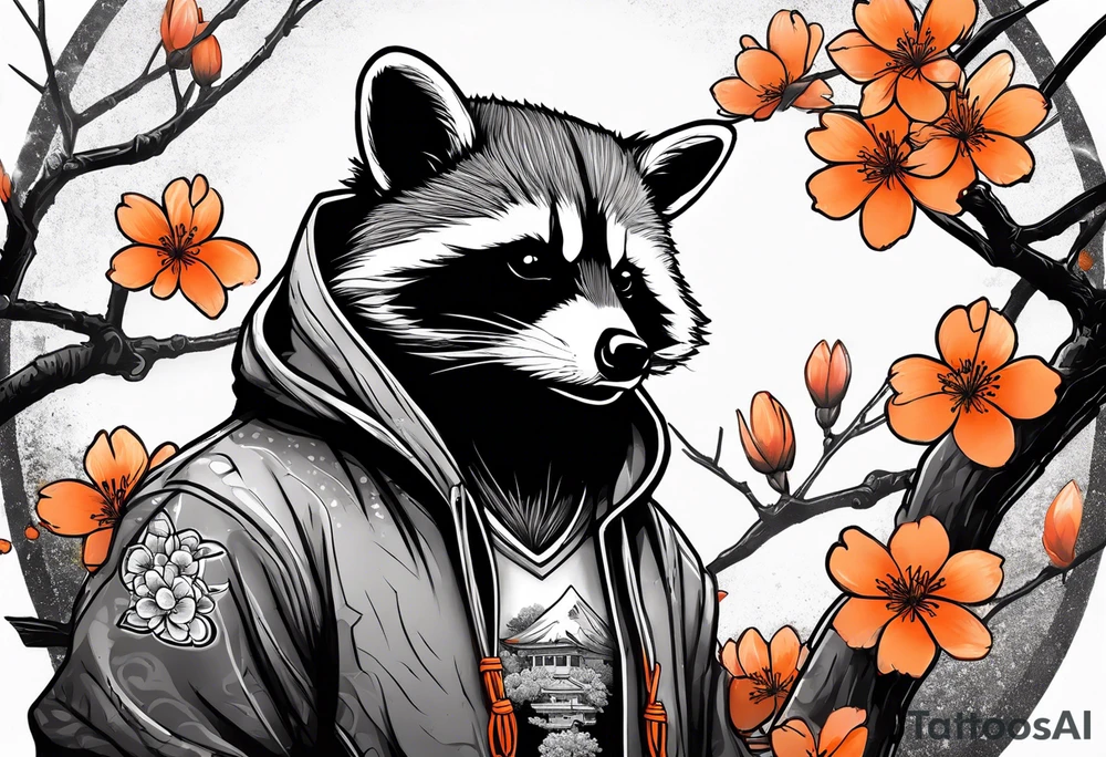 raccoon wearing a black and white Superman hoodie and orange Japanese cherry blossoms tattoo idea