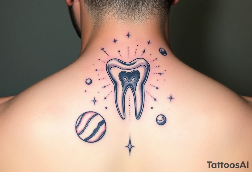 A molar tooth floating among planets and constellations, cosmic dreamy vibe with pastel watercolor style.” tattoo idea