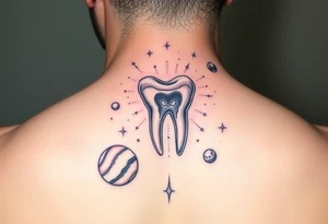 A molar tooth floating among planets and constellations, cosmic dreamy vibe with pastel watercolor style.” tattoo idea