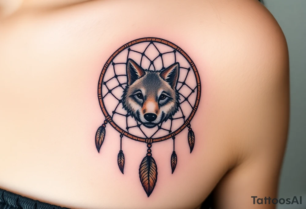 A wolf’s paw print in the center of a dreamcatcher, with the wolf’s face subtly peeking through. The dreamcatcher threads are light brown, and the paw print is shaded in dark brown with hints of green around the edges. tattoo idea