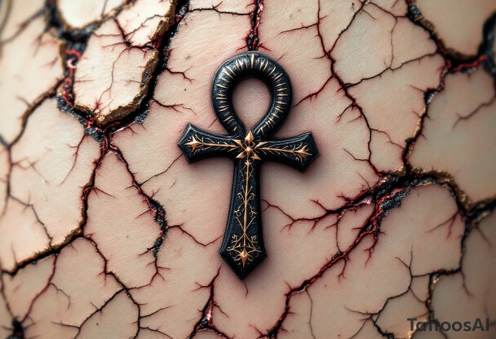 A black and copper ankh embedded into cracked stone with red energy veins surrounding it. tattoo idea