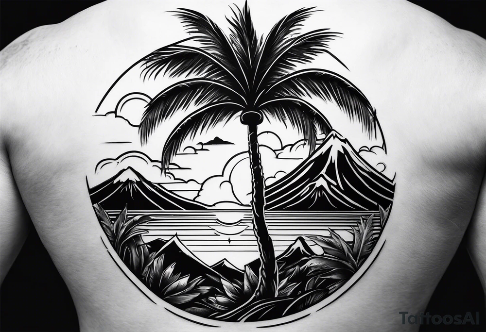 fineline tattoo of a palm tree with a volcano on the back tattoo idea